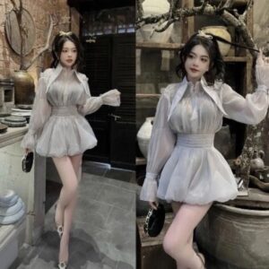 Set áo sơ mi cổ nhọn phối chân váy xòe bồng tơ xốp sang chảnh nữ tính