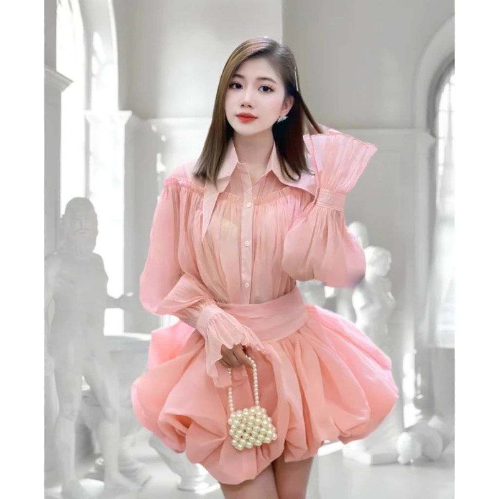 Set áo sơ mi cổ nhọn phối chân váy xòe bồng tơ xốp sang chảnh nữ tính - Ảnh 5
