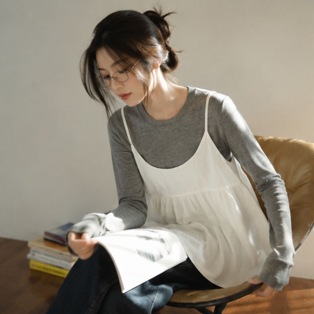 Set áo thun dài tay kèm áo hai dây dáng bí siêu xinh dễ phối đồ
