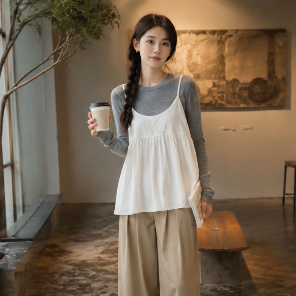 Set áo thun dài tay kèm áo hai dây dáng bí siêu xinh dễ phối đồ