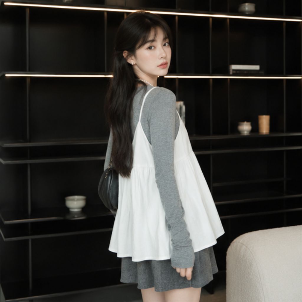 Set áo thun dài tay kèm áo hai dây dáng bí siêu xinh dễ phối đồ