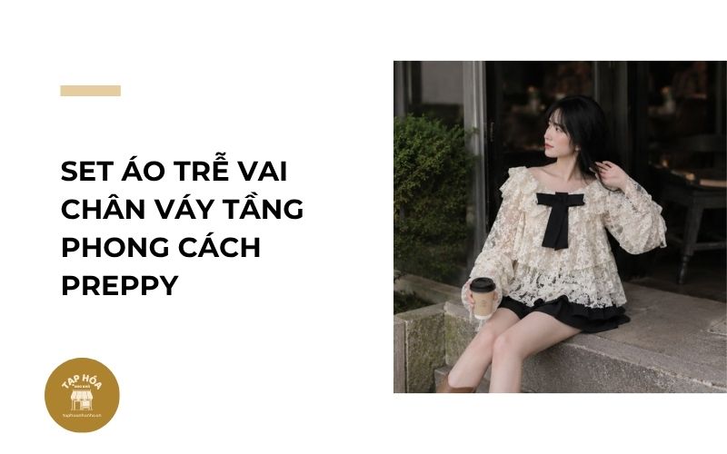 Set áo trễ vai chân váy tầng phong cách preppy