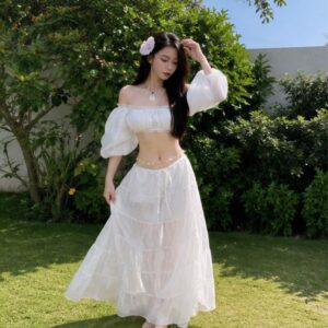 Set áo trễ vai tay bồng croptop kèm chân váy dài xòe tầng đi biển siêu xinh - Hình ảnh 3