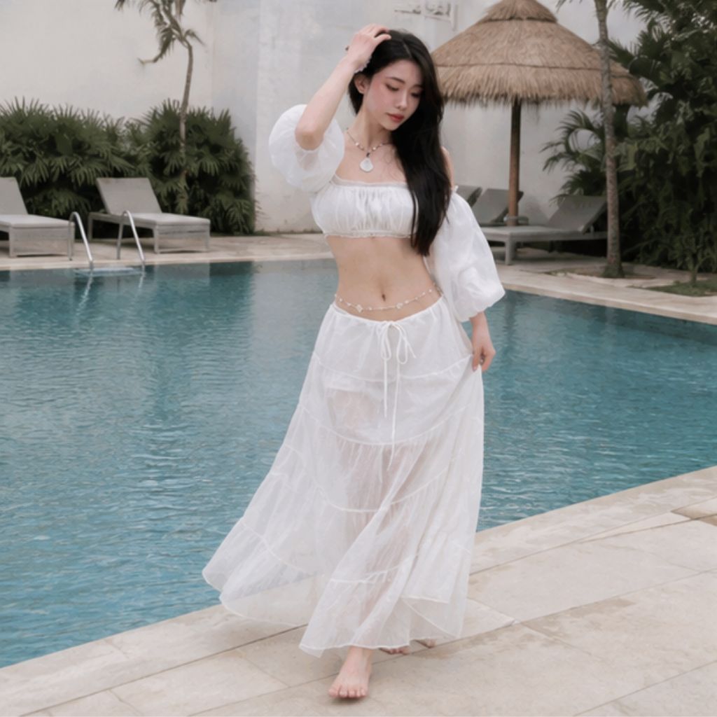 Set áo trễ vai tay bồng croptop kèm chân váy dài xòe tầng đi biển siêu xinh