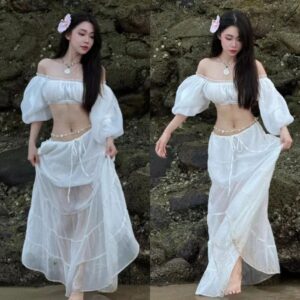 Set áo trễ vai tay bồng croptop kèm chân váy dài xòe tầng đi biển siêu xinh