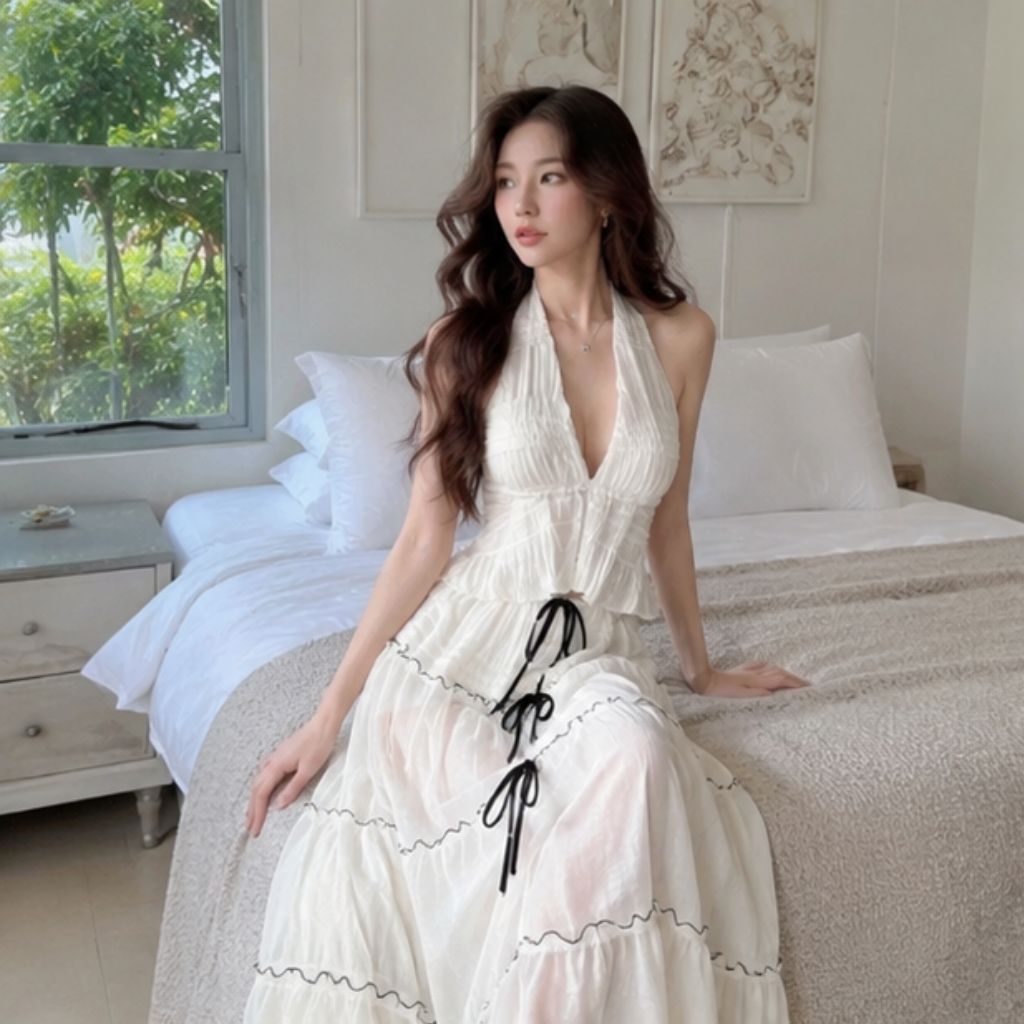 Set áo xẻ ngực hở lưng phối chân váy dài đính nơ sang chảnh đi biển
