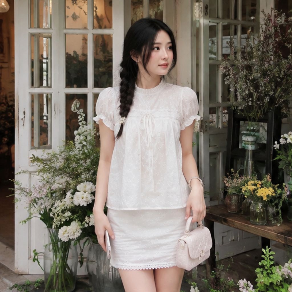 Set bộ babydoll 2 lớp tay bồng thắt nơ phối chân váy ren nữ tính - Ảnh 2