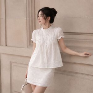 Set bộ babydoll 2 lớp tay bồng thắt nơ phối chân váy ren nữ tính