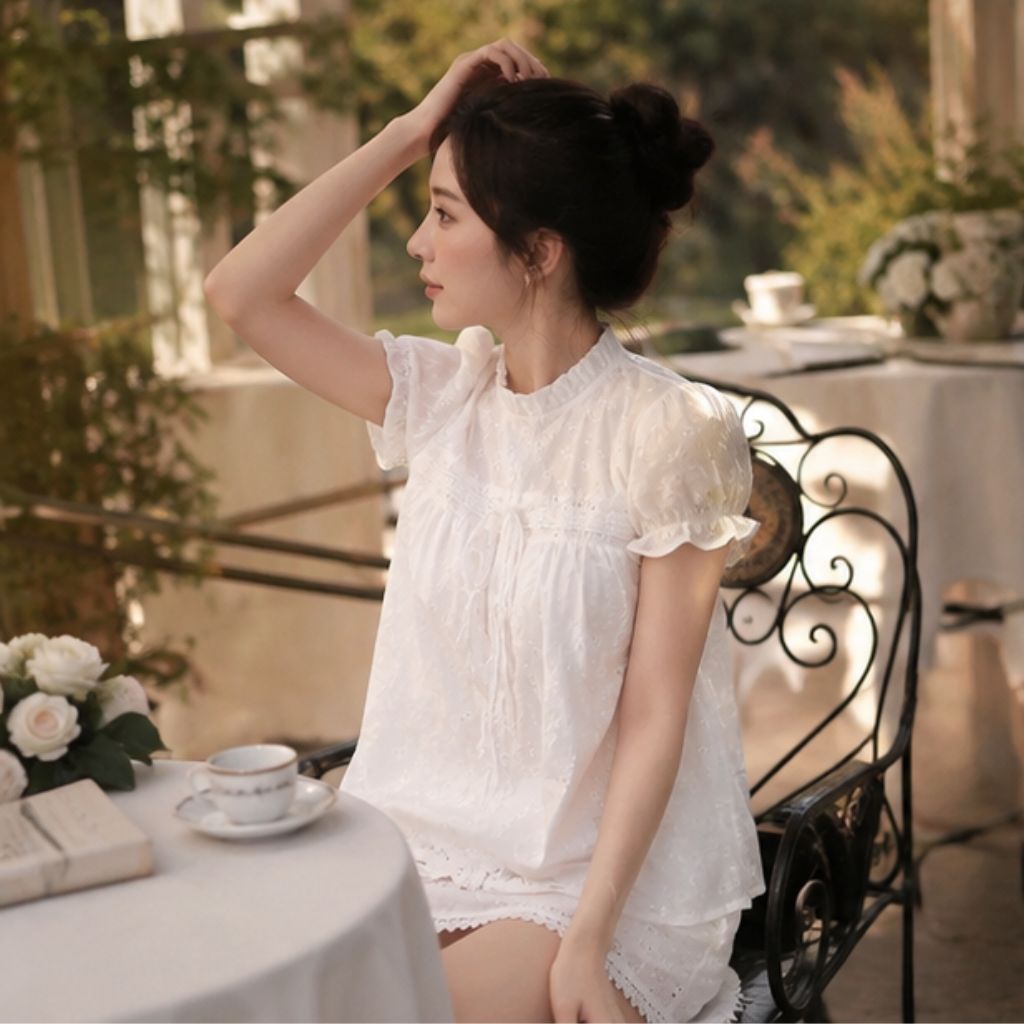 Set bộ babydoll 2 lớp tay bồng thắt nơ phối chân váy ren nữ tính - Ảnh 3