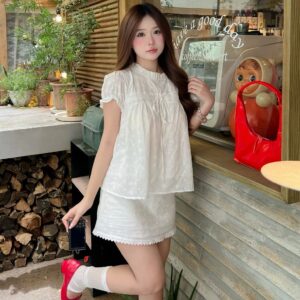 Set bộ babydoll 2 lớp tay bồng thắt nơ phối chân váy ren nữ tính