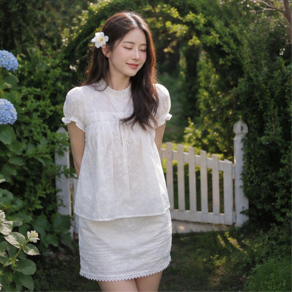 Set bộ babydoll 2 lớp tay bồng thắt nơ phối chân váy ren nữ tính - Ảnh 4