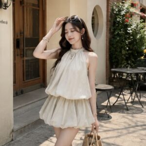 Set jump liền thân nữ cổ yếm dáng bí phồng kèm quần bảo hộ siêu xinh - Hình ảnh 2