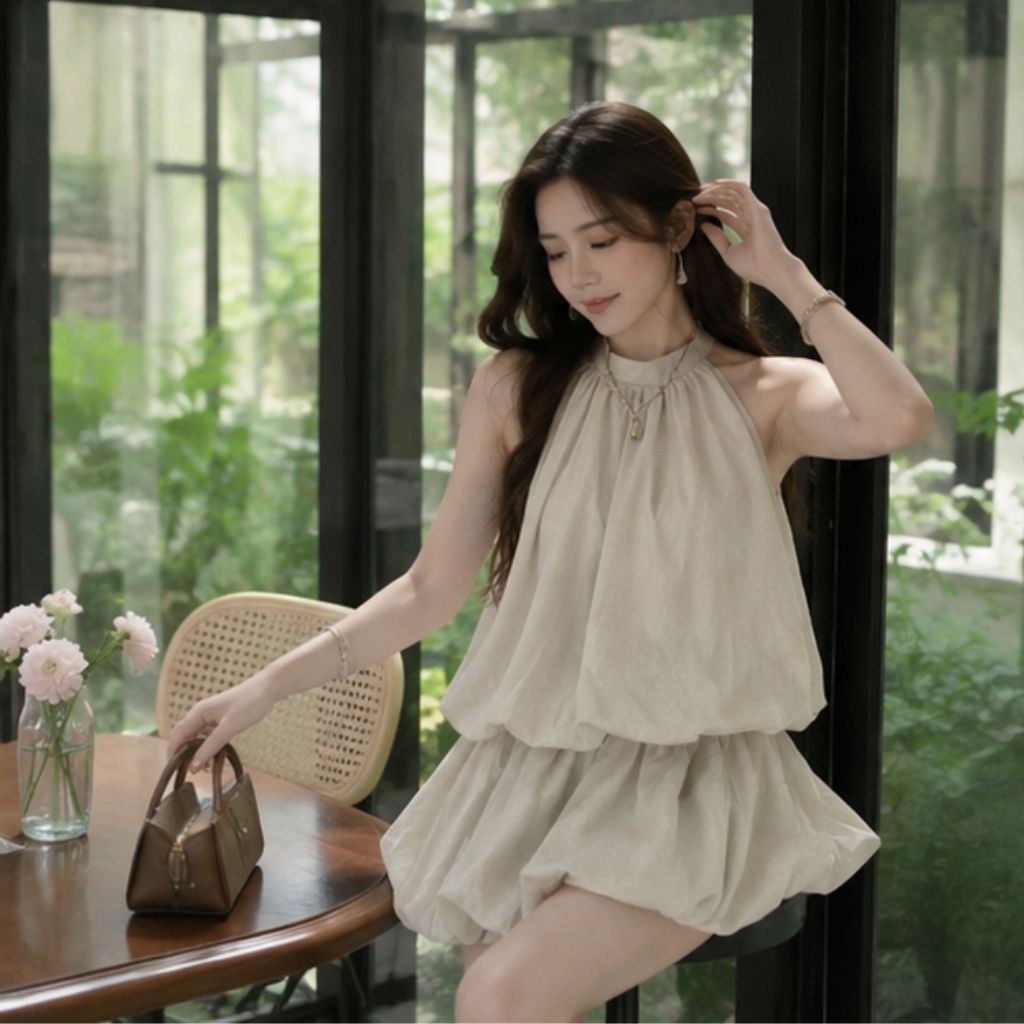 Set jump liền thân nữ cổ yếm dáng bí phồng kèm quần bảo hộ siêu xinh