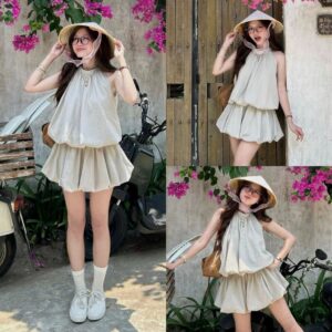 Set jump liền thân nữ cổ yếm dáng bí phồng kèm quần bảo hộ siêu xinh