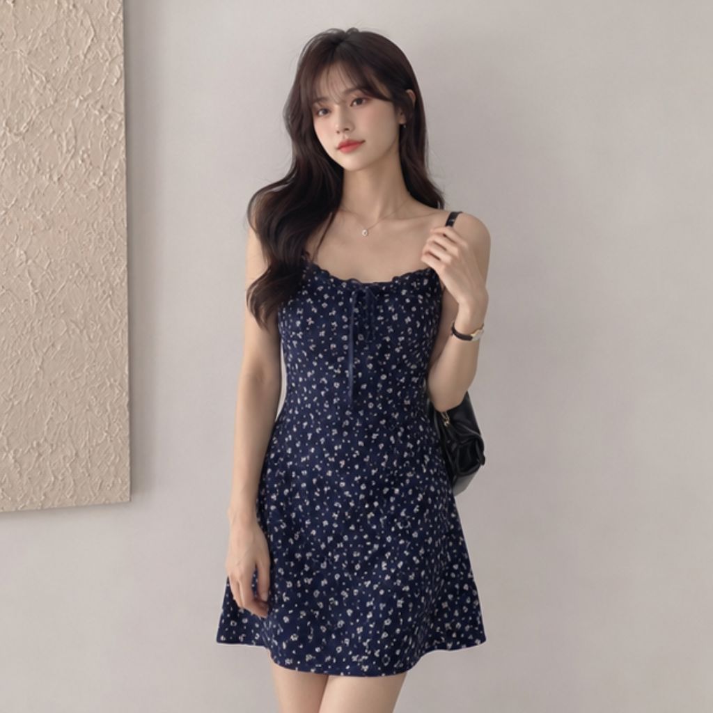 Set váy hai dây hoa nhí ôm body kèm áo khoác cardigan xám trắng siêu xinh