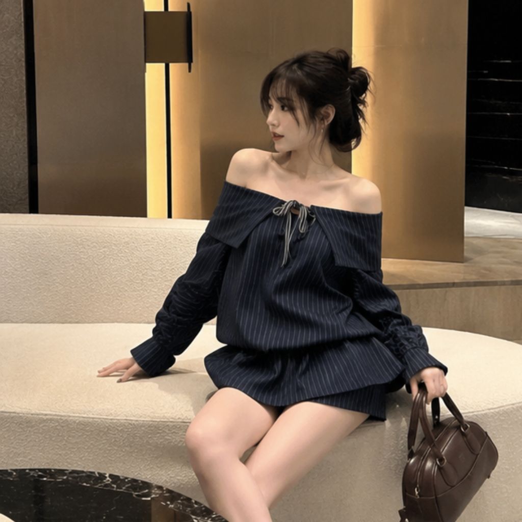 Set váy jump trễ vai tay bồng dáng bí bo chun eo buộc nơ sang chảnh