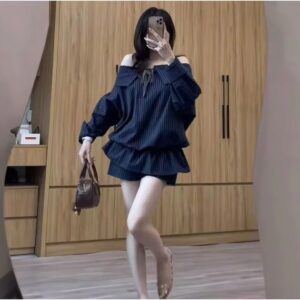 Set váy jump trễ vai tay bồng dáng bí bo chun eo buộc nơ sang chảnh