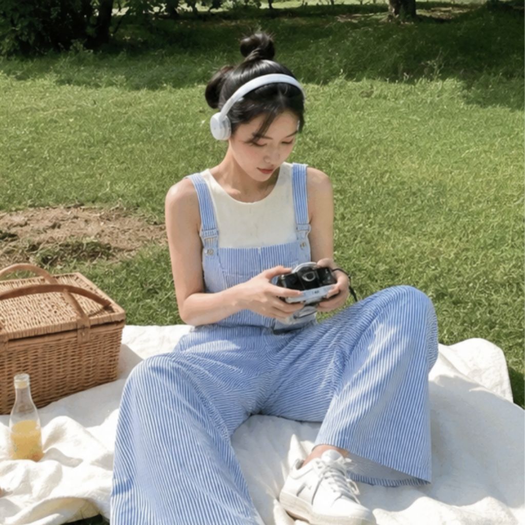 Set yếm quần kaki thô kẻ ống rộng kèm áo 2 dây bozip cá tính