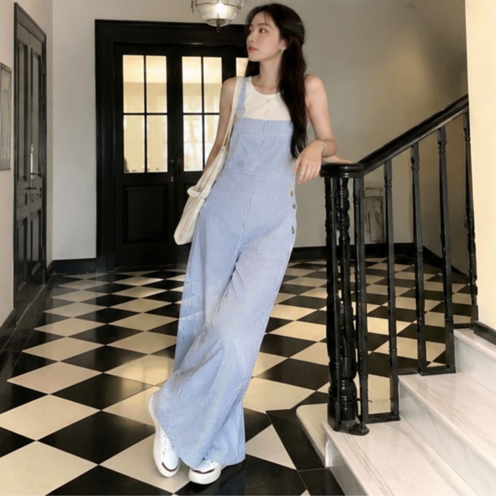 Set yếm quần kaki thô kẻ ống rộng kèm áo 2 dây bozip cá tính
