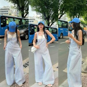 Set yếm quần kaki thô kẻ ống rộng kèm áo 2 dây bozip cá tính