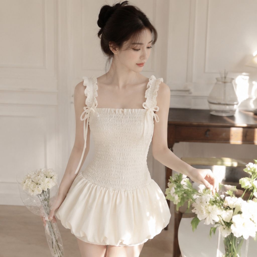 Váy 2 dây dáng bí thân chun nhún đính 2 nơ kèm quần bảo hộ tiểu thư siêu xinh