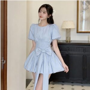 Váy bí chun eo tay phồng đính nơ bản to tiểu thư siêu xinh - Hình ảnh 2