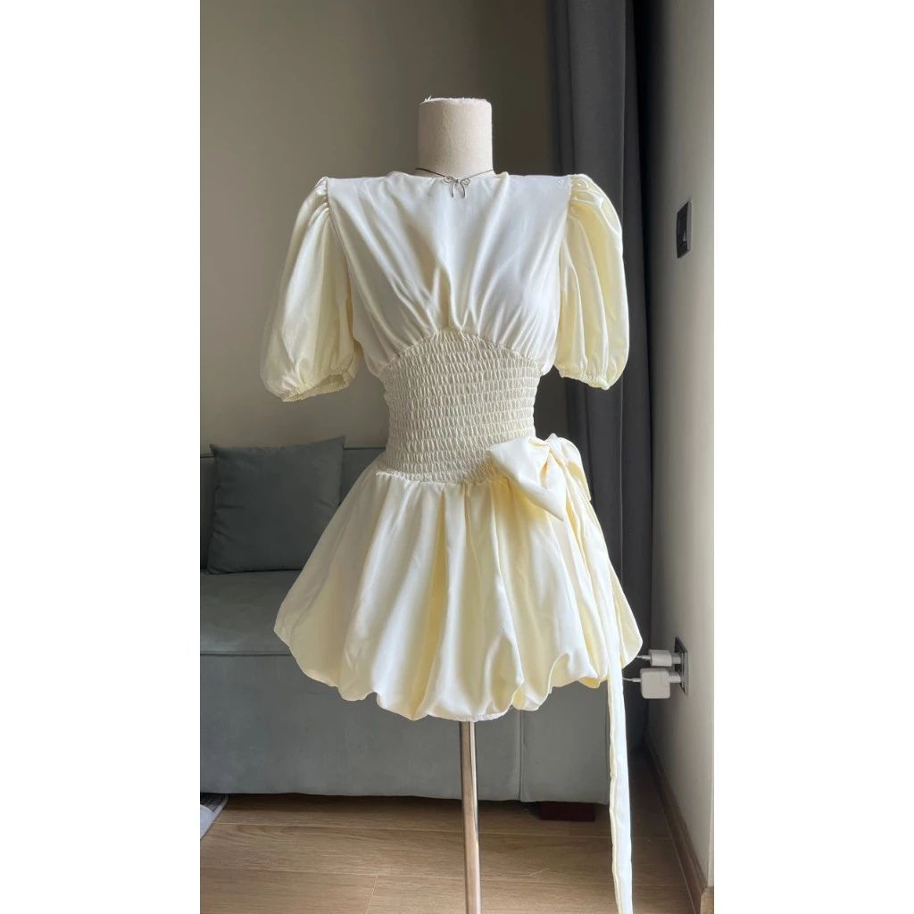 Váy bí chun eo tay phồng đính nơ bản to tiểu thư siêu xinh - Ảnh 3