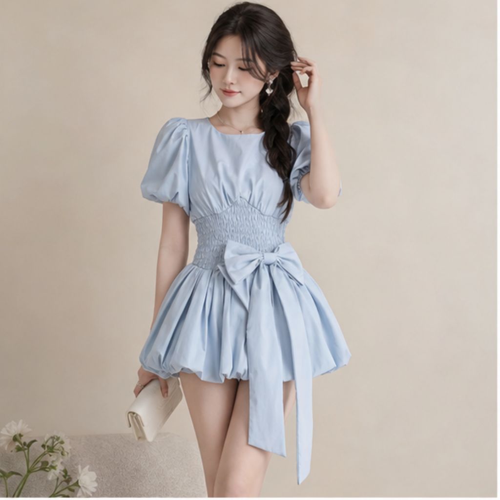 Váy bí chun eo tay phồng đính nơ bản to tiểu thư siêu xinh