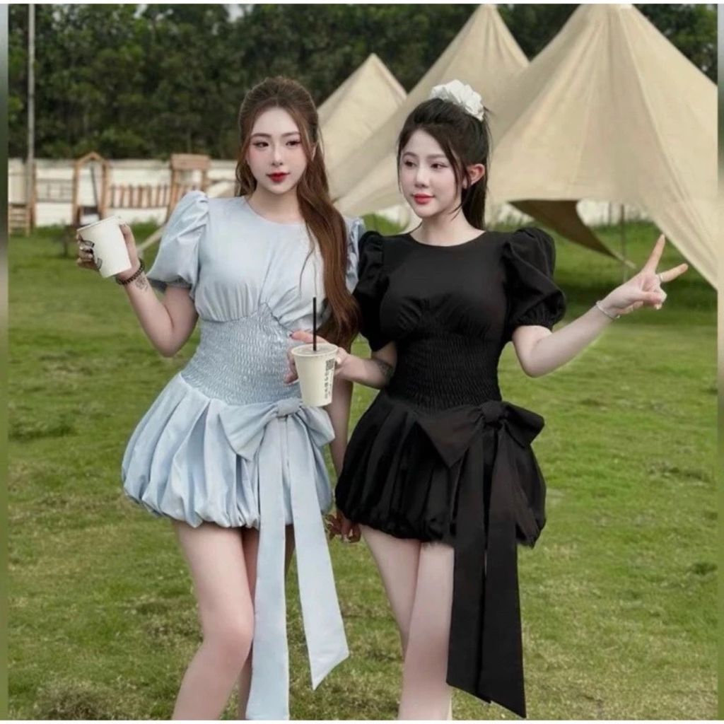 Váy bí chun eo tay phồng đính nơ bản to tiểu thư siêu xinh - Ảnh 4