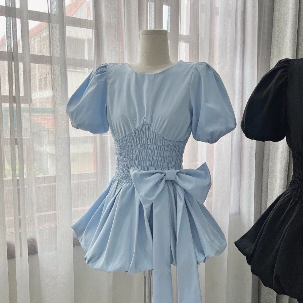 Váy bí chun eo tay phồng đính nơ bản to tiểu thư siêu xinh - Ảnh 8