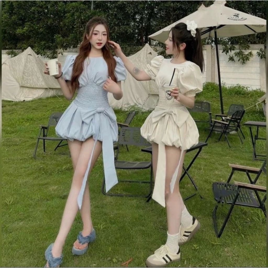 Váy bí chun eo tay phồng đính nơ bản to tiểu thư siêu xinh