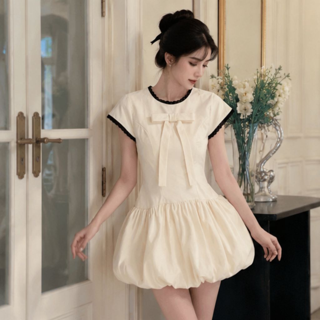 Váy bí đính nơ phối ren dáng ngắn – váy tiểu thư kèm quần bảo hộ siêu xinh