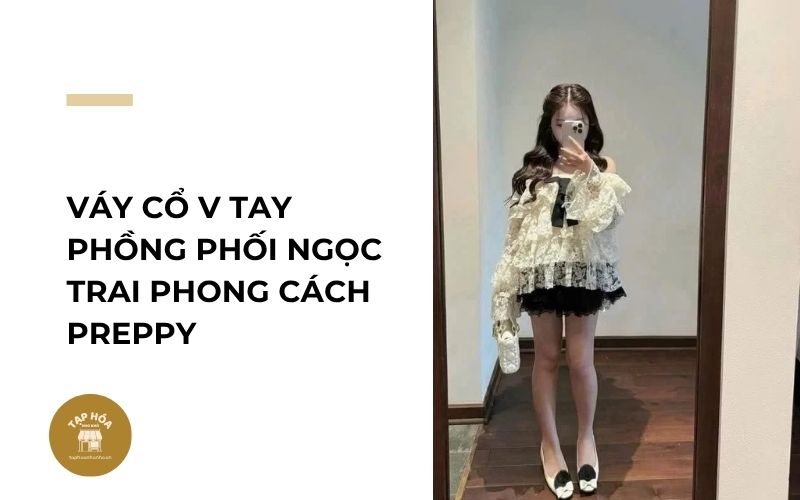 Váy cổ V tay phồng phối ngọc trai phong cách preppy