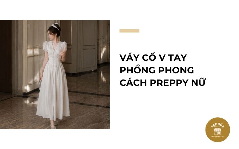 Váy cổ V tay phồng phong cách preppy nữ
