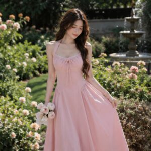 Váy cổ yếm phối ren thắt nơ chiết eo maxi dáng xòe tone hồng nàng thơ - Hình ảnh 1