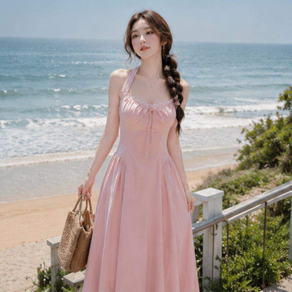 Váy cổ yếm phối ren thắt nơ chiết eo maxi dáng xòe tone hồng nàng thơ