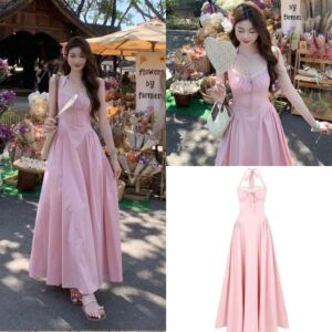 Váy cổ yếm phối ren thắt nơ chiết eo maxi dáng xòe tone hồng nàng thơ
