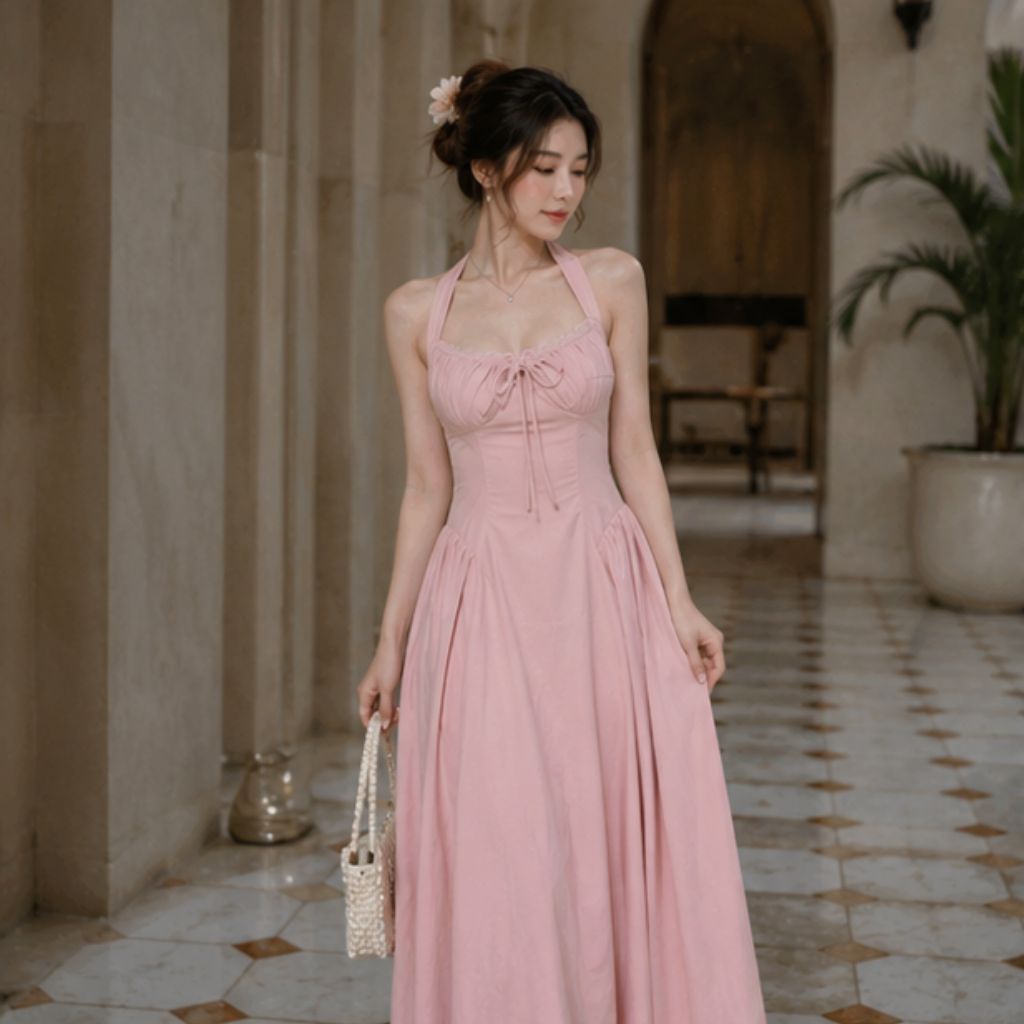 Váy cổ yếm phối ren thắt nơ chiết eo maxi dáng xòe tone hồng nàng thơ