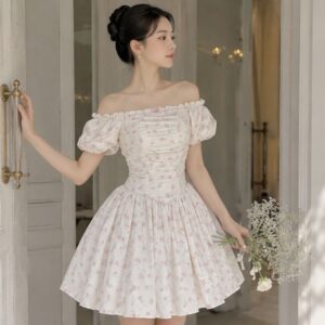 Váy hoa nhí trễ vai dáng xòe bồng tiểu thư dễ thương siêu xinh