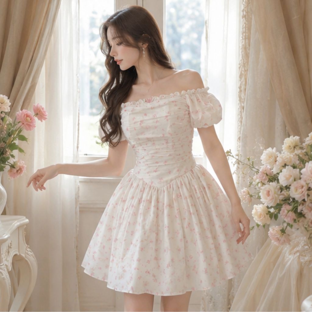 Váy hoa nhí trễ vai dáng xòe bồng tiểu thư dễ thương siêu xinh