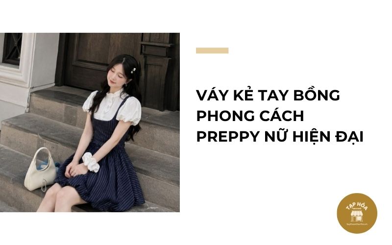 Váy kẻ tay bồng phong cách preppy nữ hiện đại