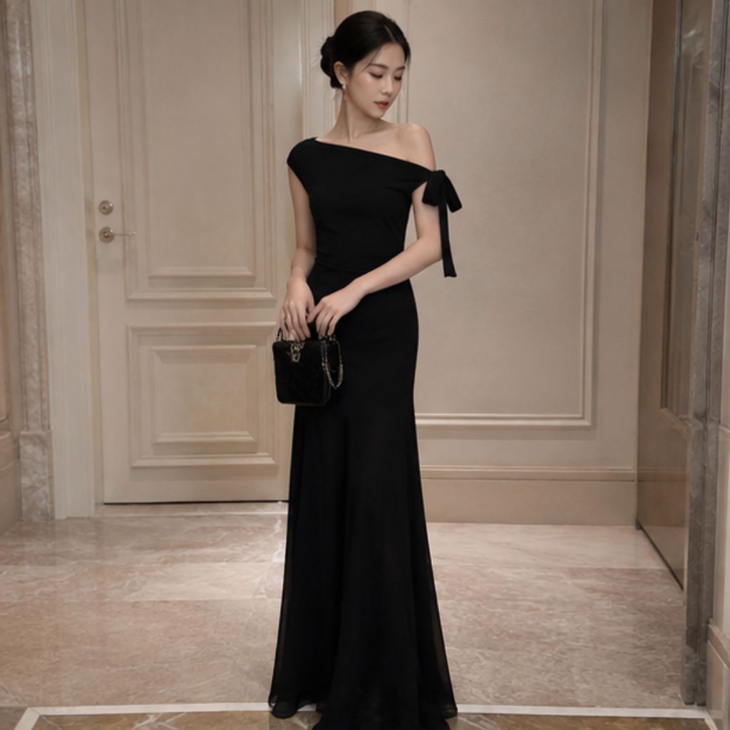 Váy lệch vai buộc nơ dáng dài phối lưới mềm sang chảnh - Ảnh 2