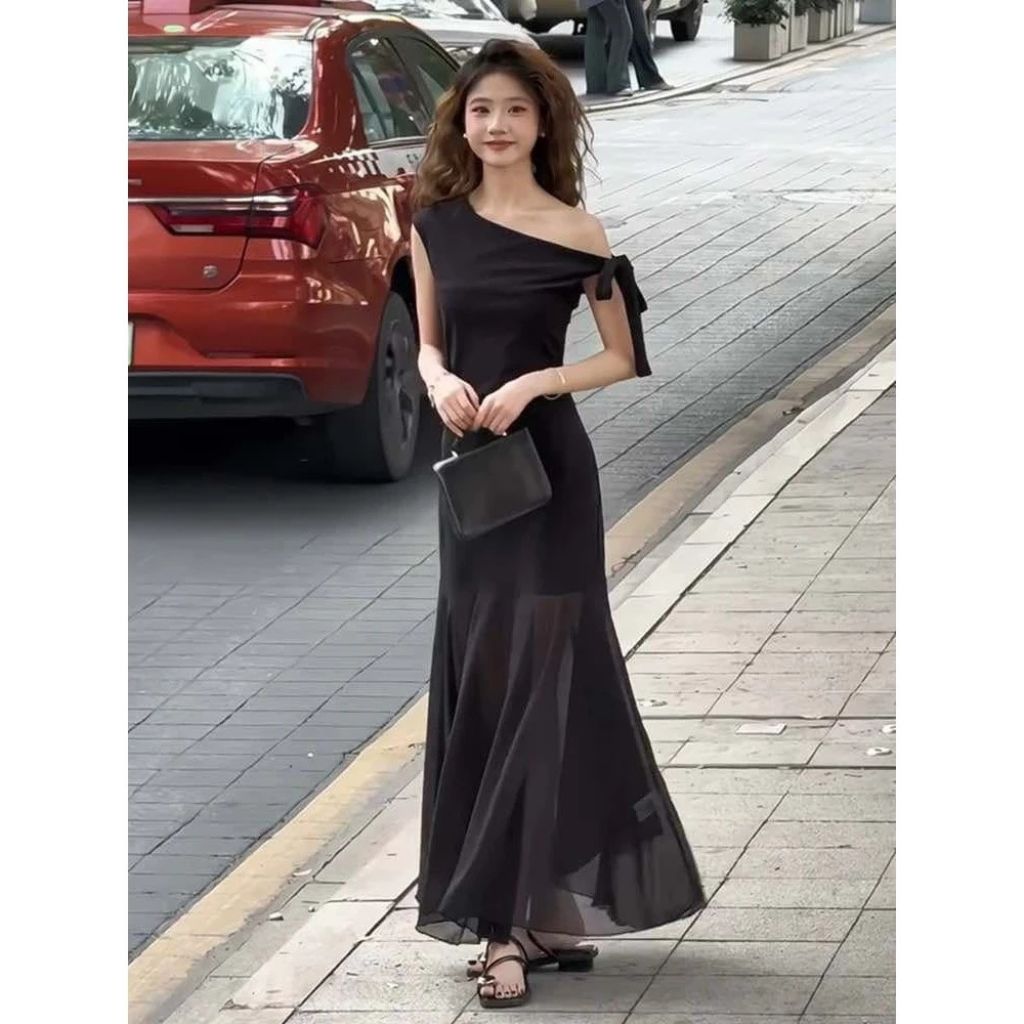 Váy lệch vai buộc nơ dáng dài phối lưới mềm sang chảnh - Ảnh 2