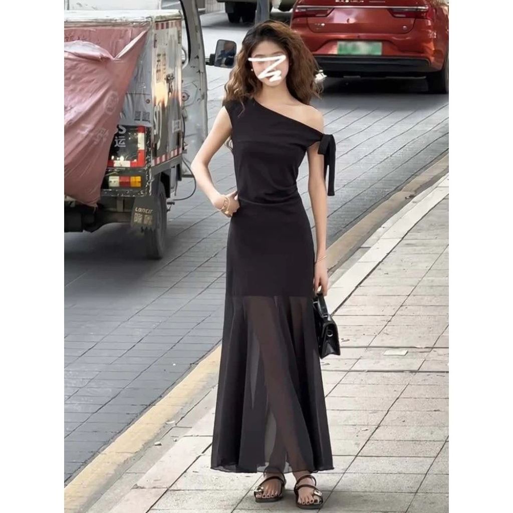 Váy lệch vai buộc nơ dáng dài phối lưới mềm sang chảnh - Ảnh 4