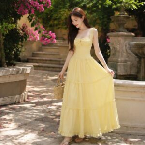 Váy maxi 2 dây form xòe 2 lớp nhún ngực viền bèo đi biển siêu xinh - Hình ảnh 2