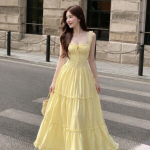 Váy maxi 2 dây form xòe 2 lớp nhún ngực viền bèo đi biển siêu xinh