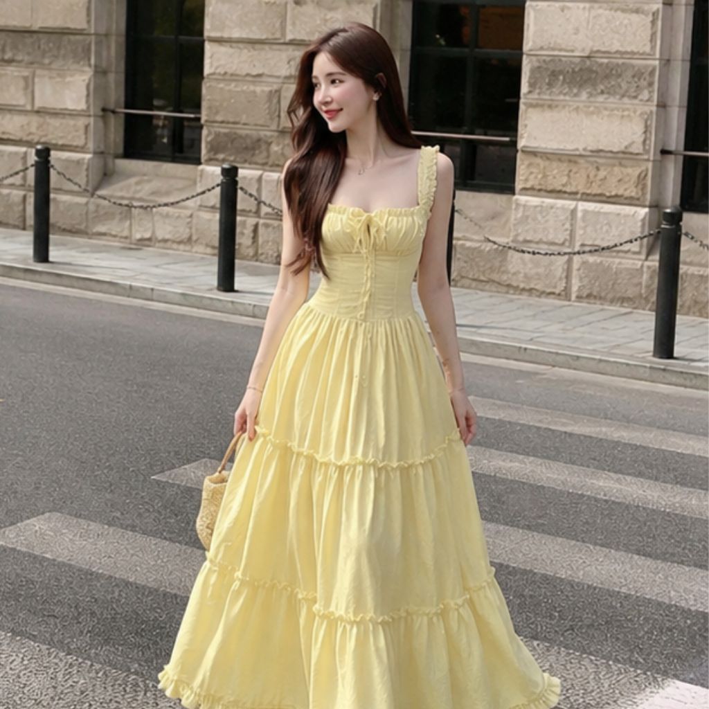 Váy maxi 2 dây form xòe 2 lớp nhún ngực viền bèo đi biển siêu xinh