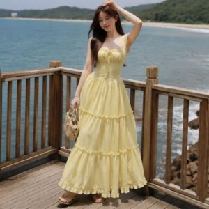 Váy maxi 2 dây form xòe 2 lớp nhún ngực viền bèo đi biển siêu xinh - Hình ảnh 3