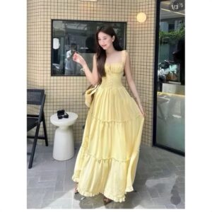 Váy maxi 2 dây form xòe 2 lớp nhún ngực viền bèo đi biển siêu xinh
