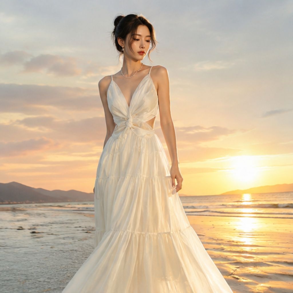 Váy maxi đi biển dáng dài xoắn ngực hở lưng chiết eo tôn dáng sang chảnh